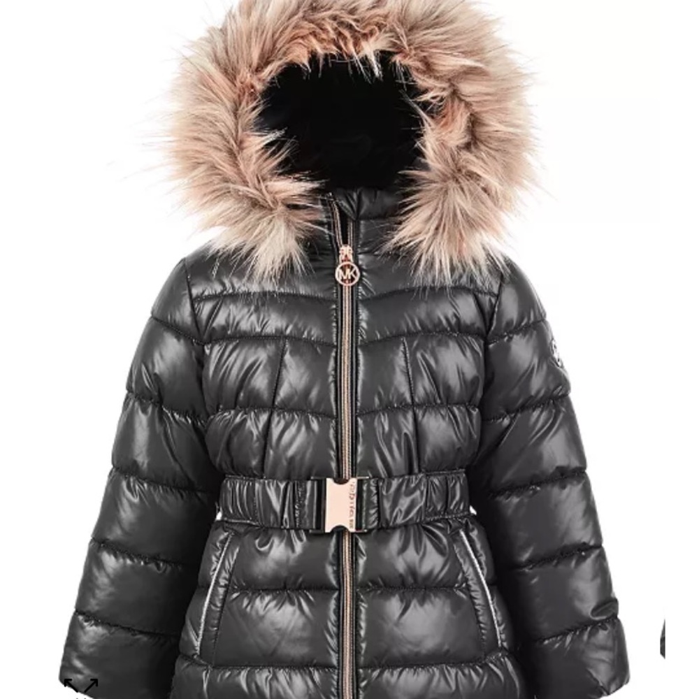 Michael Kors Black Puffer Coat with Faux-Fur Trim